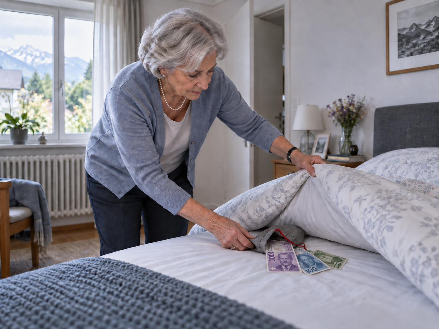 Signora anziana che, rifacendo il letto, trova un sacchetto con vecchie banconote svizzere sotto il materasso