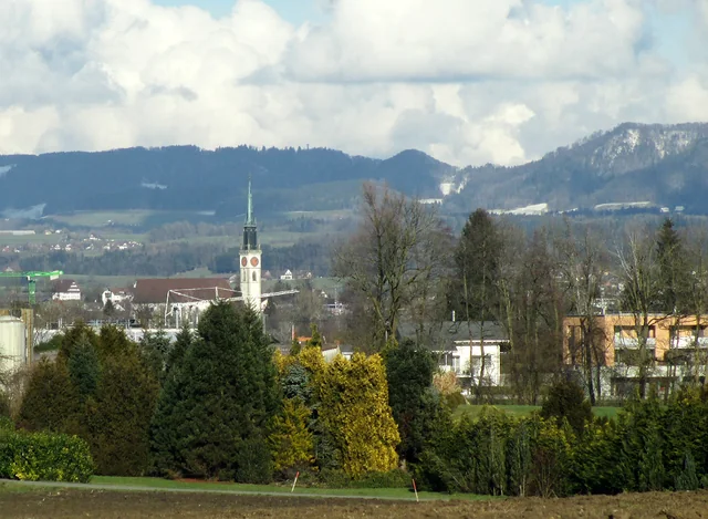 Veduta sulle aree residenziali e artigianali di Cham verso la chiesa di San Giacomo – rappresentazione sfocata
