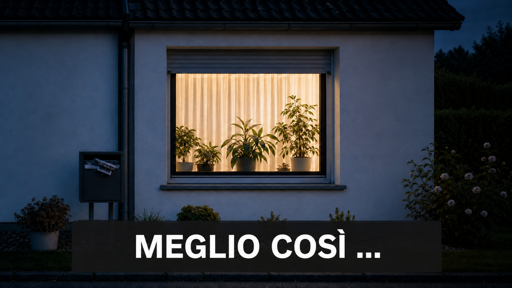 Finestra illuminata con tapparella parzialmente alzata e piante da interno
